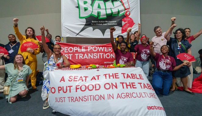 Ação da ActionAid pede por Transição Justa na COP30, em Belém. Foto: Rodolfo Mendonça - Agência Rizoma/Colabora/ActionAid